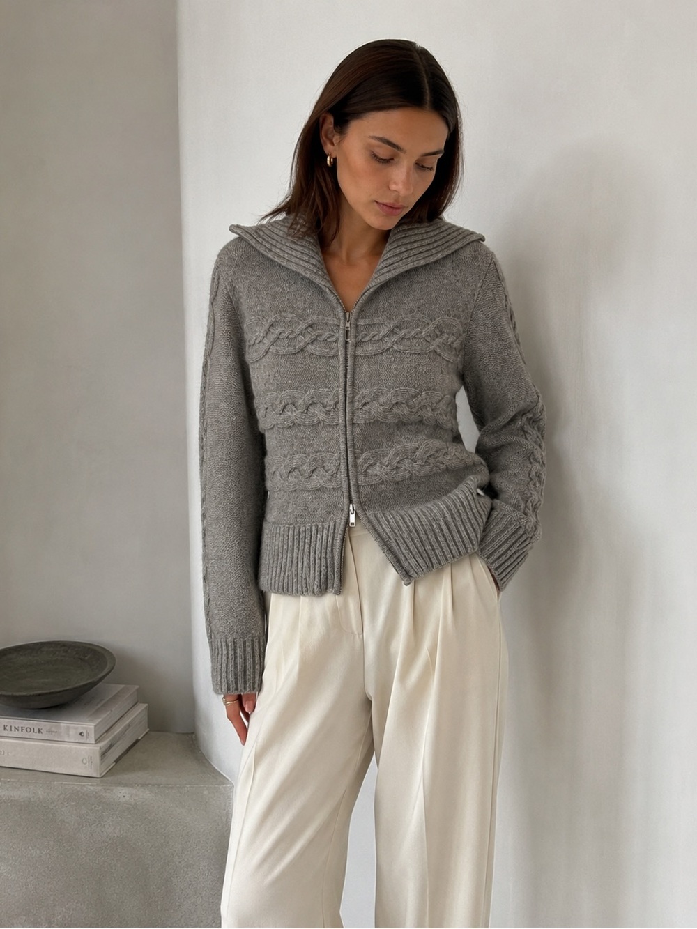 L 80% Lambswool Cable Knit Zip Cardigan Shawl Collar Gray Heritage Sweater